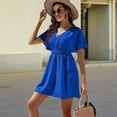 thumbnail image 3 of Womens Summer Solid Casual V-Neck Beach Dress Ruffle Short Sleeve Loose Dress Blue L, 3 of 6