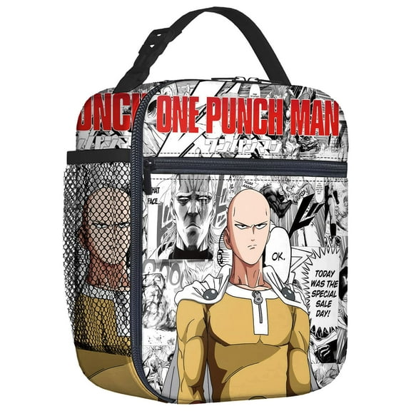 For One Punch Man Animation Theme Insulated Lunch Bag,Portable Reusable Lunch Tote Box,8.66x4.33x10.24 inch with Mesh Side Pocket for Unisex Picnic,Camping,Trips