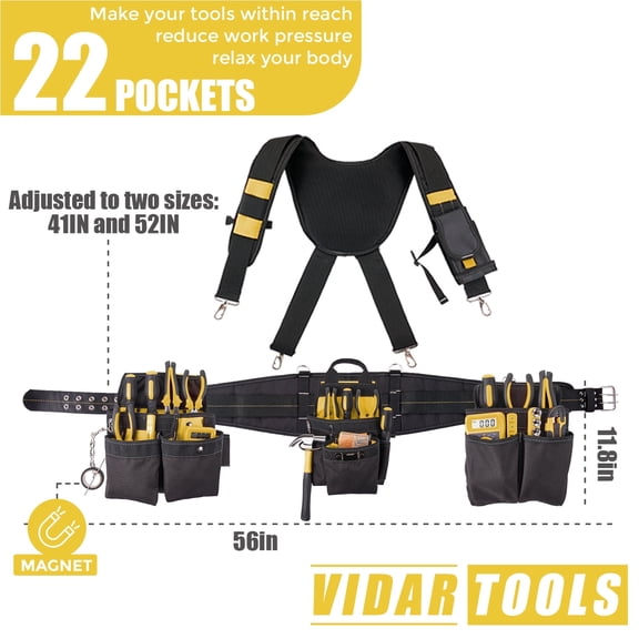 Tool Belt with Suspenders for Men, 22-Pocket Heavy Duty Work Apron, Adjustable Carpenter Belt for Construction, Framing, Woodworking, Electricians,Yellow