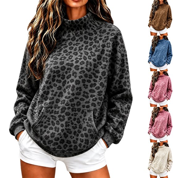 Lumtrix Mock Neck Hoodie For Women Cheetah Print Oversized Fleece Hoodies Pullover Hoodies Fall Casual Sweatshirts With Pockets Gray S