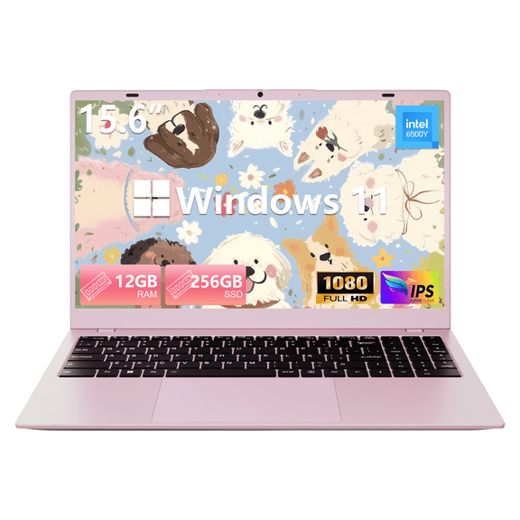 15.6" IPS FHD Pink Laptop, 256GB SSD 12GB RAM, Intel 6500Y with 2 Cores 4 Thread, Up to 3.4GHz, 37W Type-C, Windows 11 Computer, Laptop for Business, Study, Office, Lightweight