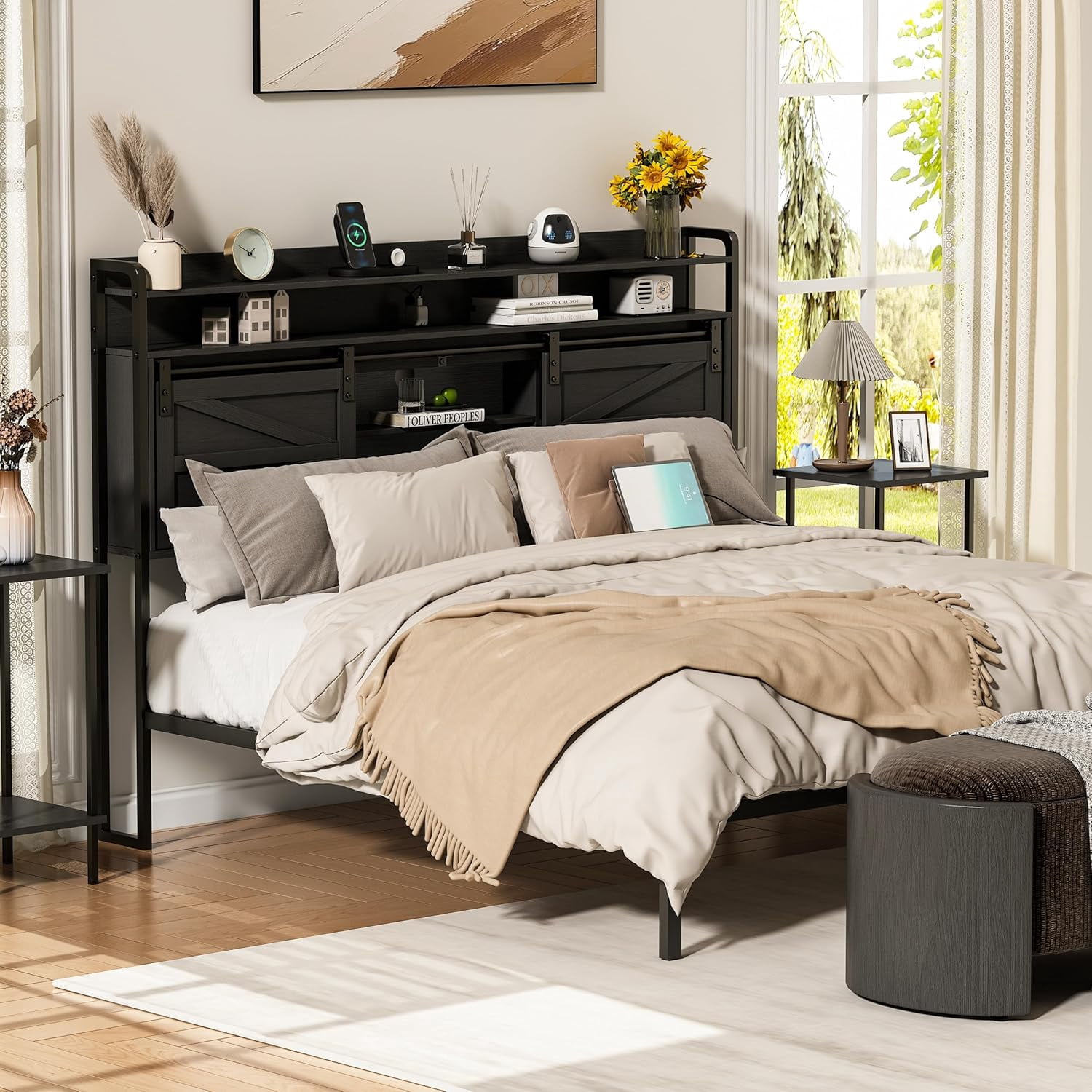 Akaber Queen Size Headboard, 3 Tier Storage Headboard with Sliding Barn Doors, Outlets, USB Ports, LED Light, Width Adjustable for Queen Size Beds, Rustic Black