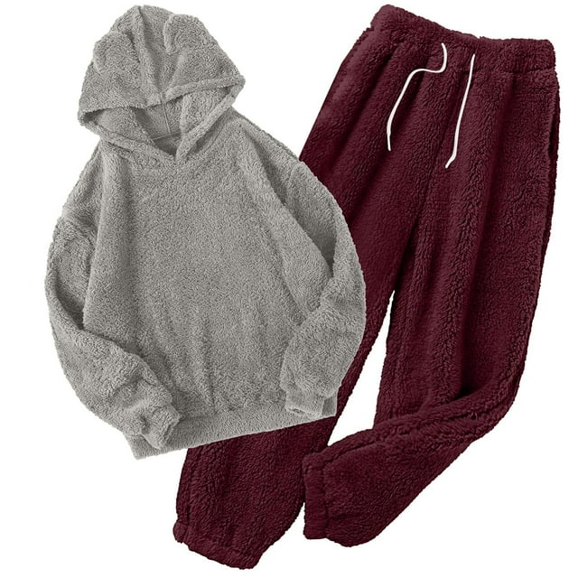 Puntoco Pijamas para mujer Ropa de dormir para el hogar para hombres y mujeres y conjunto de capucha de 2 piezas con cubierta cálida de invierno Conjunto de color sólido