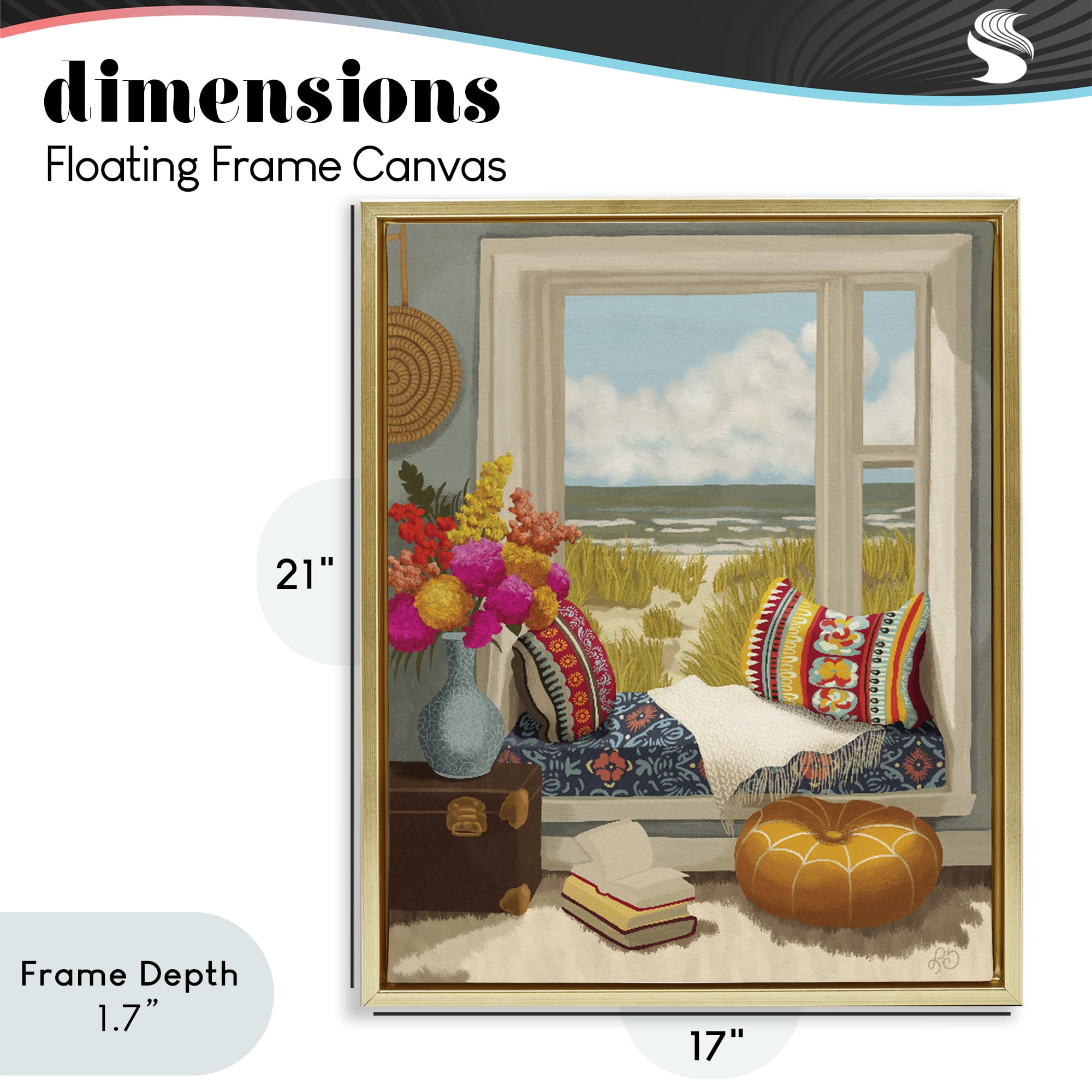 Stupell Industries Coastal Vacation Window Seat Gold Framed Floater Canvas Wall Art, design by Lisa R Dumm