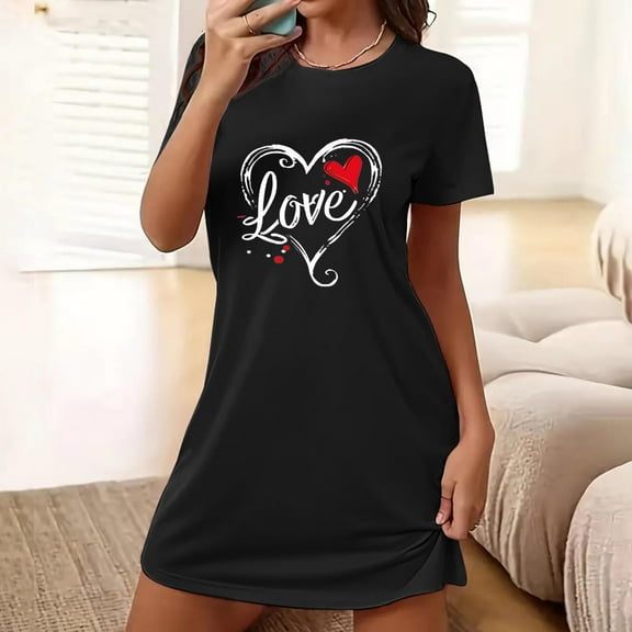 Sakmal Oversized Nightgowns Women Lightweight Breathable Black Pajama Dress Short Sleeve Short Love Print Crew Neck Nightgowns S-2XL