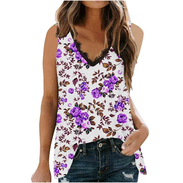 Cameland Débardeur Blouse Sans Manches à Col en V en Dentelle Patchwork Imprimée pour Femme