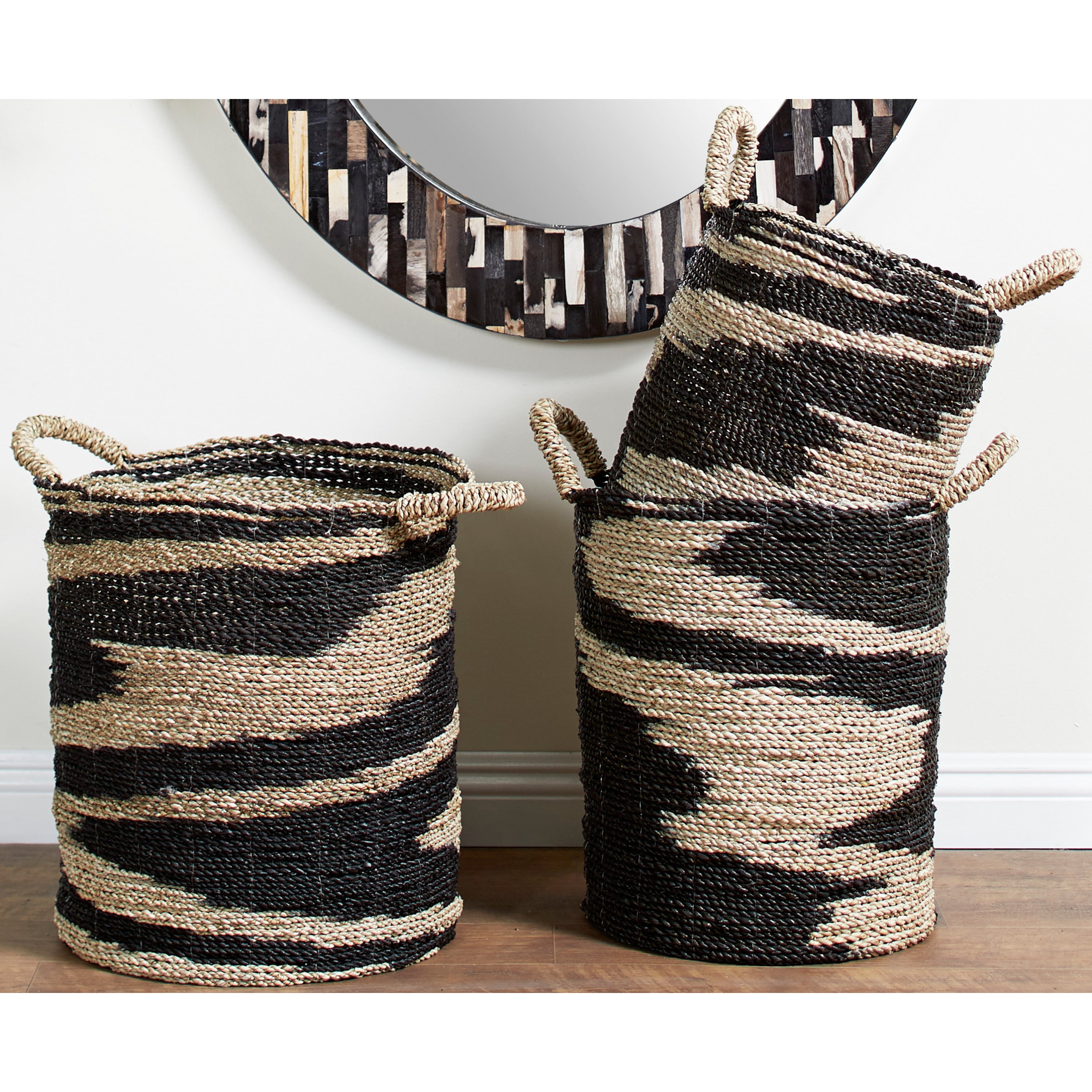 DecMode 18", 17", 16"H Black Seagrass Handmade Two Toned Storage Basket with Handles, 3-Pieces