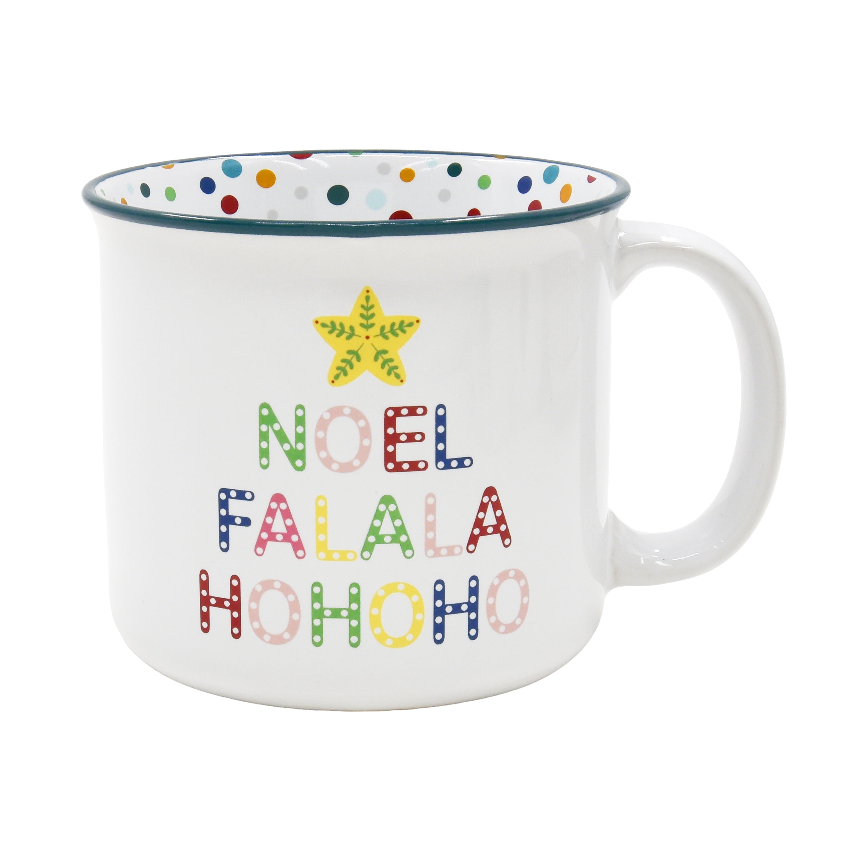 Tasse festive en grès Holiday Time de 15 onces avec inscription « NOEL FALALA HOHOHO » et bord bleu À Pois