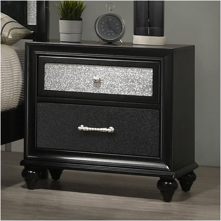 JERFIT Modern Nightstand with 2 Drawers, Black and Silver Wood Bedside Table for Bedroom, Glam Style Accent Furniture
