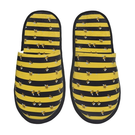 Balery Striped With Bees Slient Indoor Furry Fleece Comfort House Shoes Soft Non-Slip Home Shoes Cotton slippers House Slippers-- Large