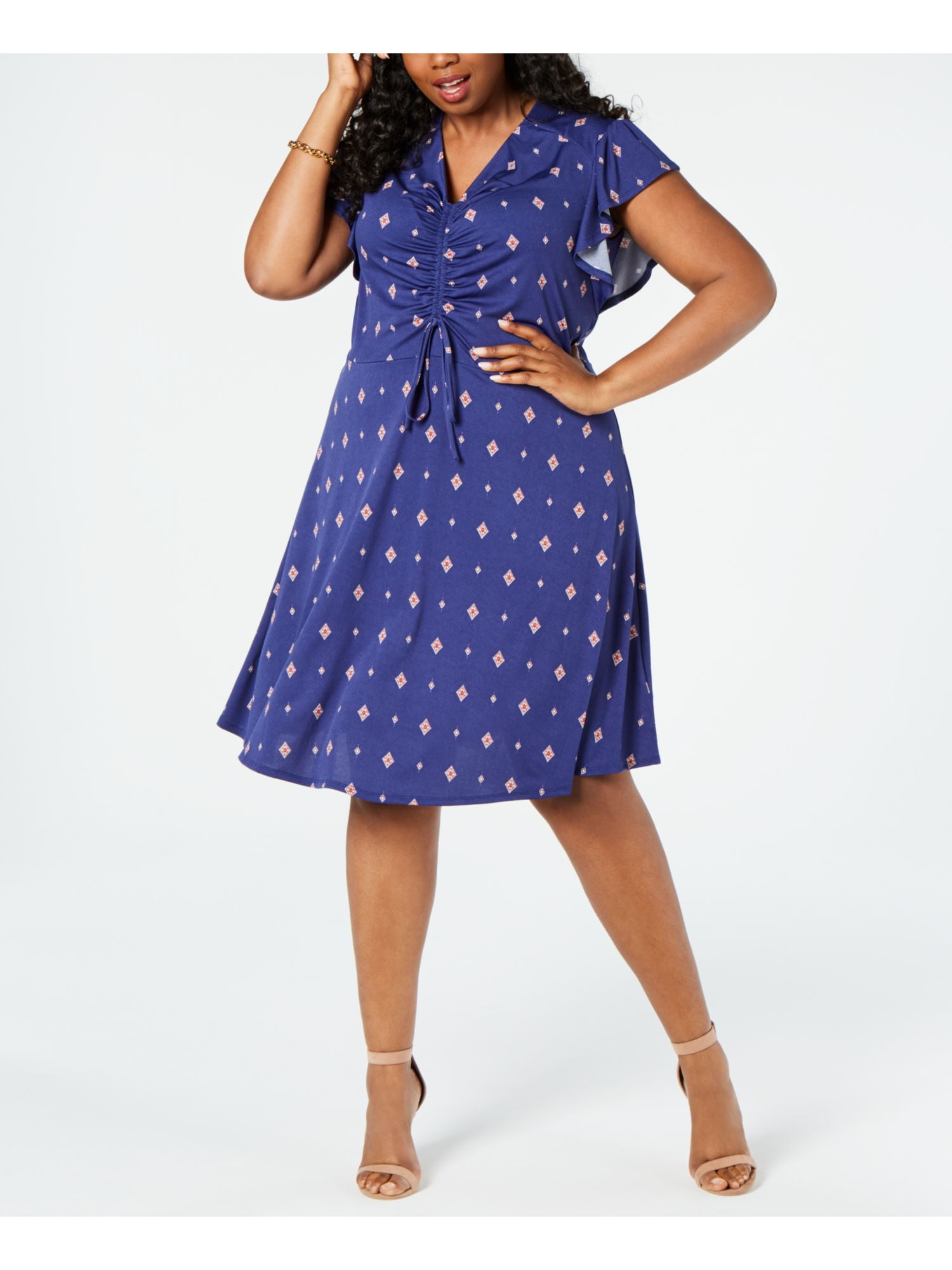 MONTEAU Womens Blue Printed V Neck Below The Knee Shift Dress 3X