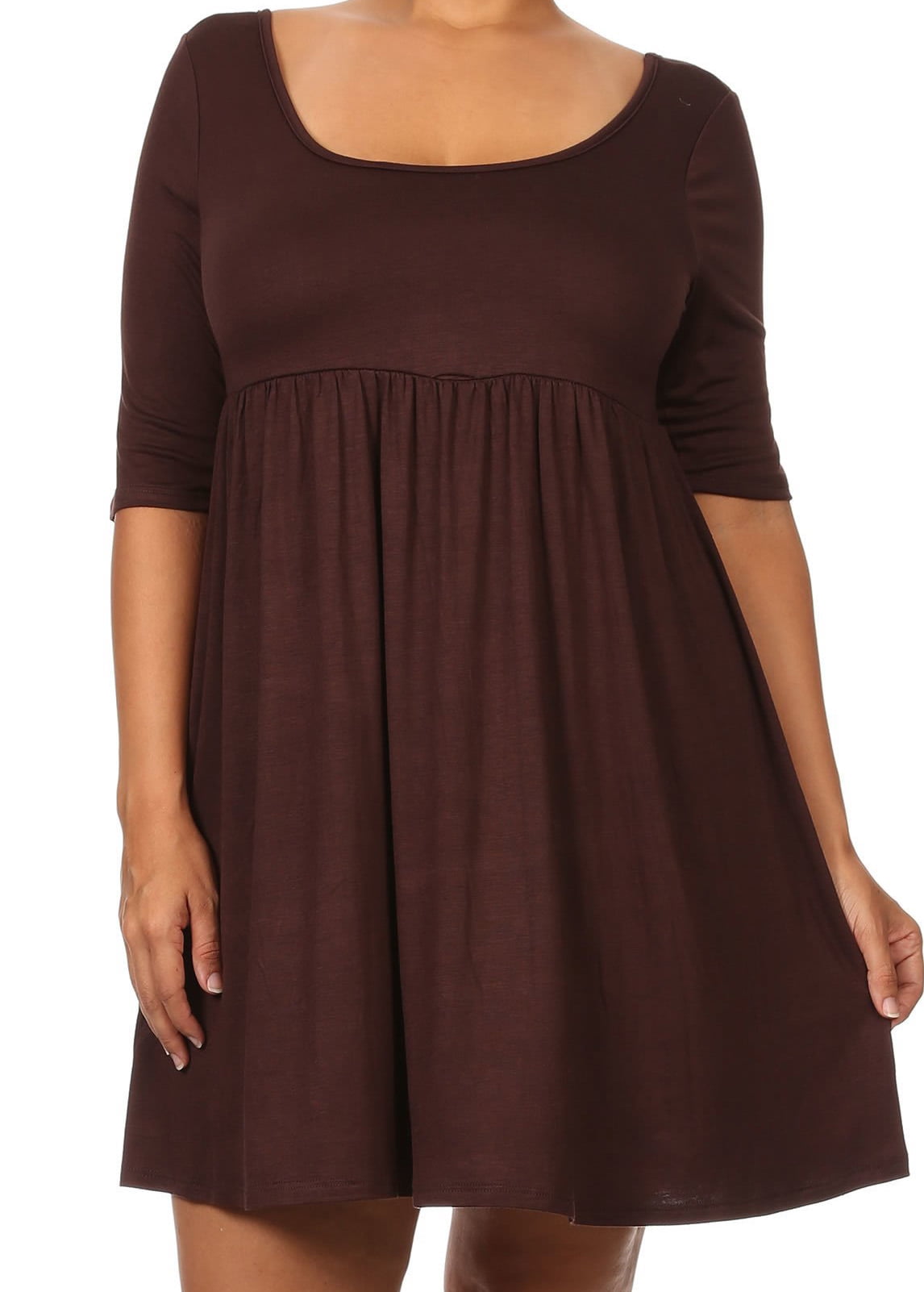 Women Plus Size Half Sleeve Solid Babydoll Casual Tunic Top Dress Brown