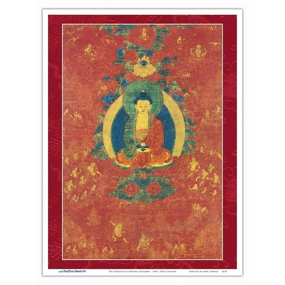The Paradise of Buddha Amitabha - The Deity of Immeasurable Light and Life - Vintage Tibetan Thangka Buddhist Painting - Tibet, 18th Century - Master Art Print (Unframed) 9in x 12in