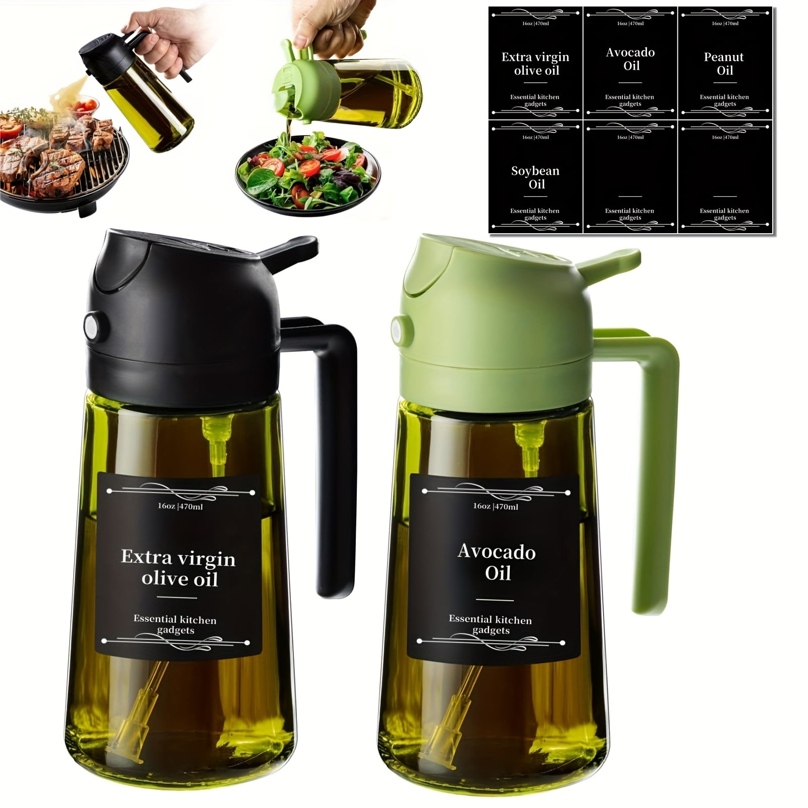 Oil Dispenser Bottle with Sprayer, 2 Pack 16 oz Dark Green Glass for Cooking BBQ
