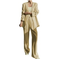qolati Women's Blazer Set 2 Piece Outfits Open Front Long Sleeve Blazer Jackets and Dressy Wide Leg Pants Solid Business Office Suits Set Yellow M 6