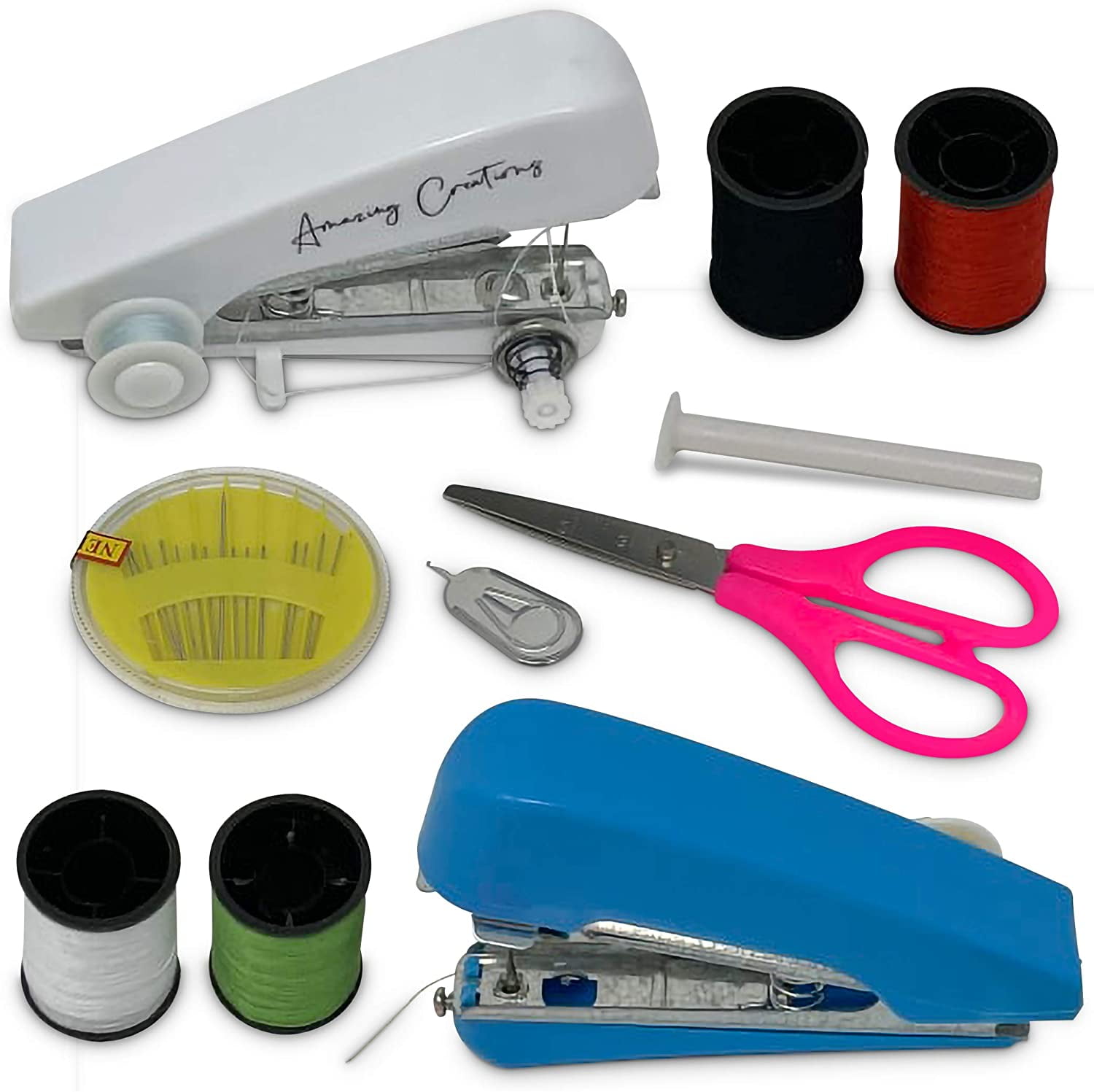 Amazing Creations 2 in 1 Mini Hand Sewing Machine – Handheld DIY Home Craft Device – Manual Hand Sewing Portable Tool (4.33 x 4.72 x 2.76 inches), Blue & White