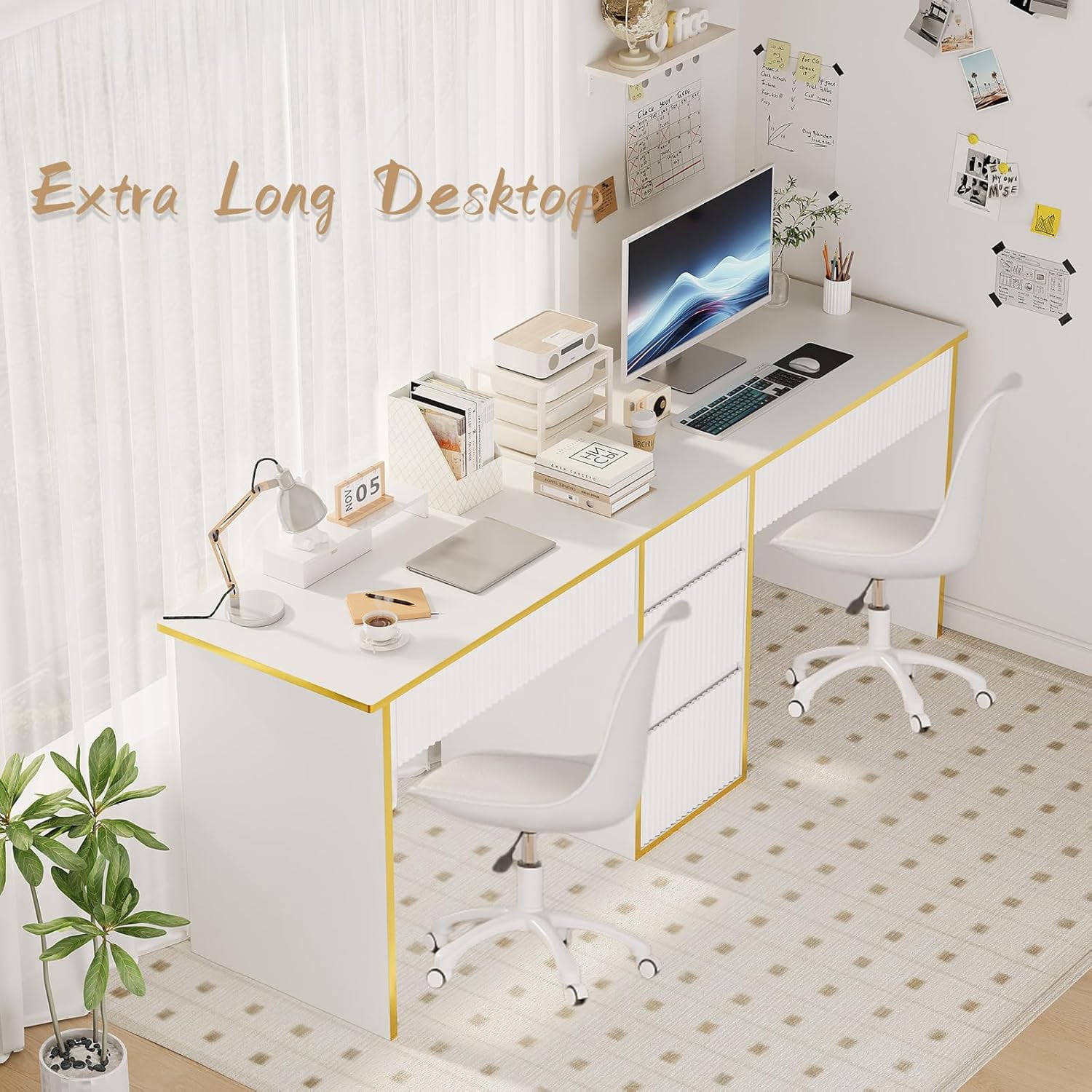 DreamCurship Two Person White Desk with Drawers, 78 inch Computer Desk with Storage Shelves, Double Desk with Storage for 2 People, Home Office Work Desk, White