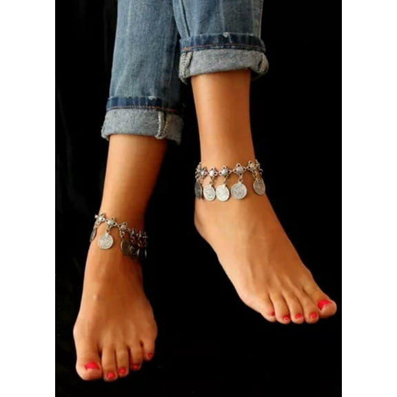 K-KED Women Fashion Delicate Jewelry Bohemian Silver Tassel Coins Anklet Bracelet