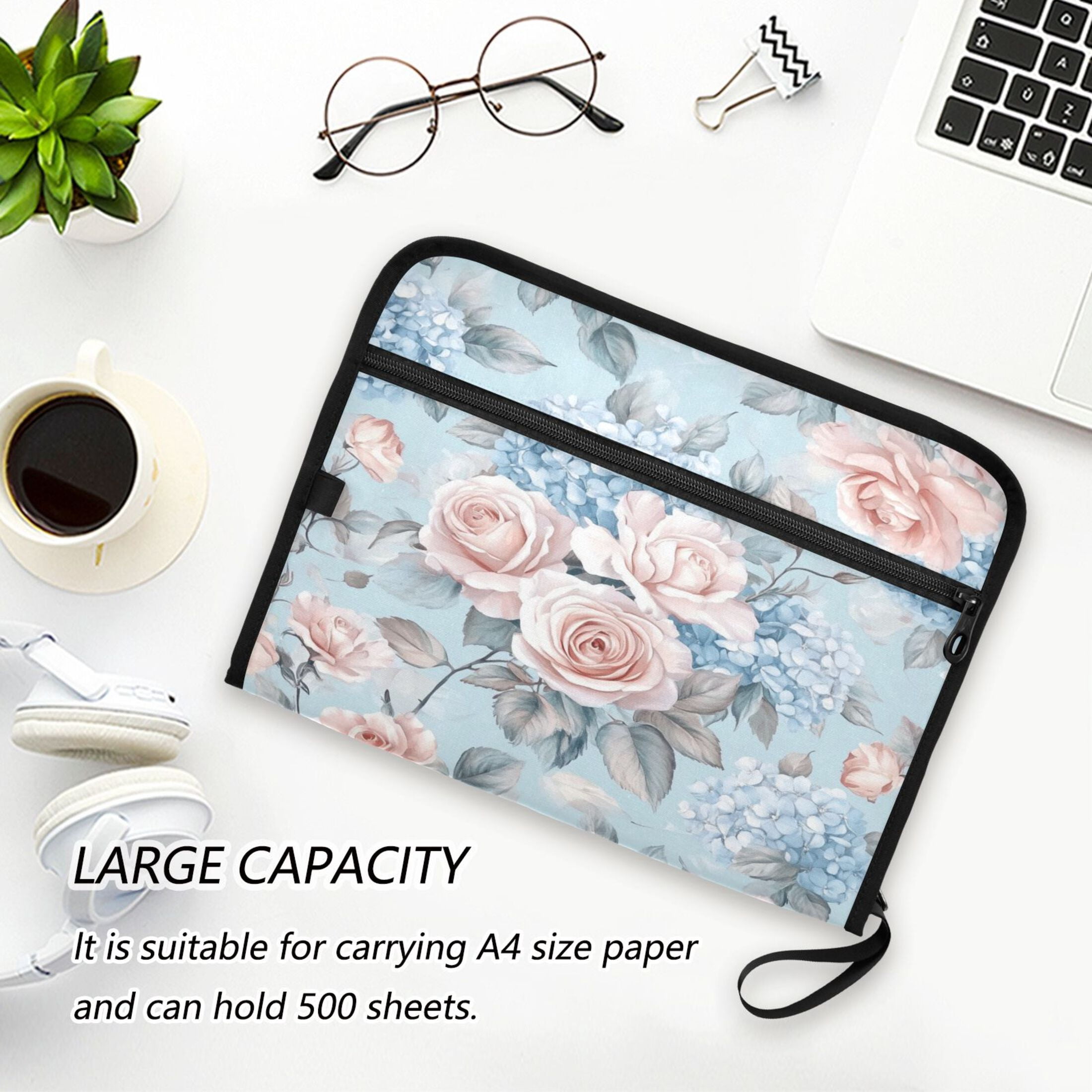 WOBOGO Light Pink Rose Pattern Expanding File Folder Letter Size Accordion Filing Organizer 13 Pocket Separate Organ Pocket