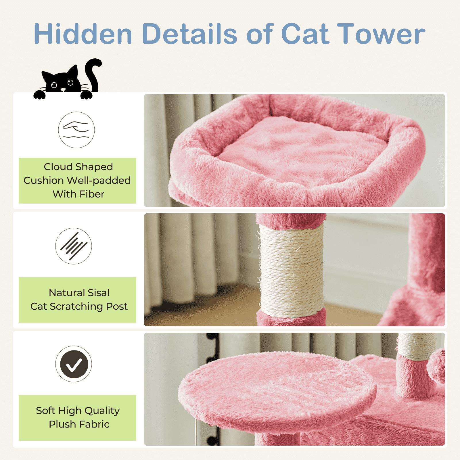 MAYEERTY 44-inch Cat Tree Tower Multi-Cat Climbing Natural Sisal Scratching Posts Extended Platform Hammock