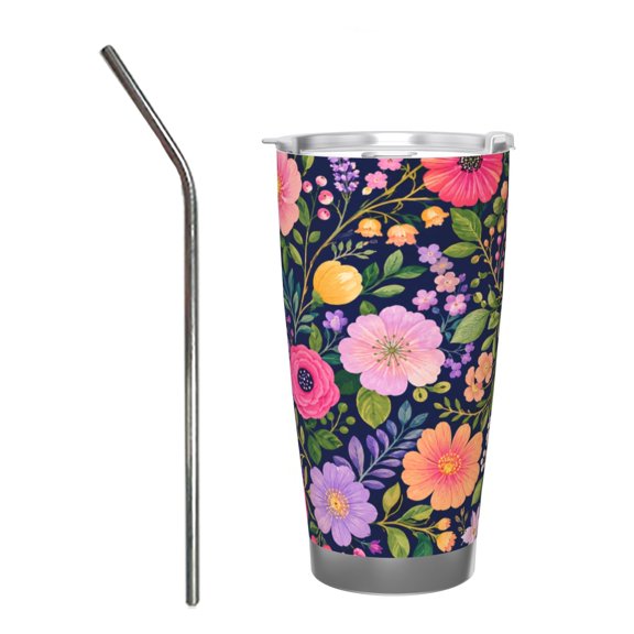20oz Colorful Floral Tumbler Insulated Car Cup Dark Navy Wildflower Travel Coffee Cup Gift with Stainless Steel Straw