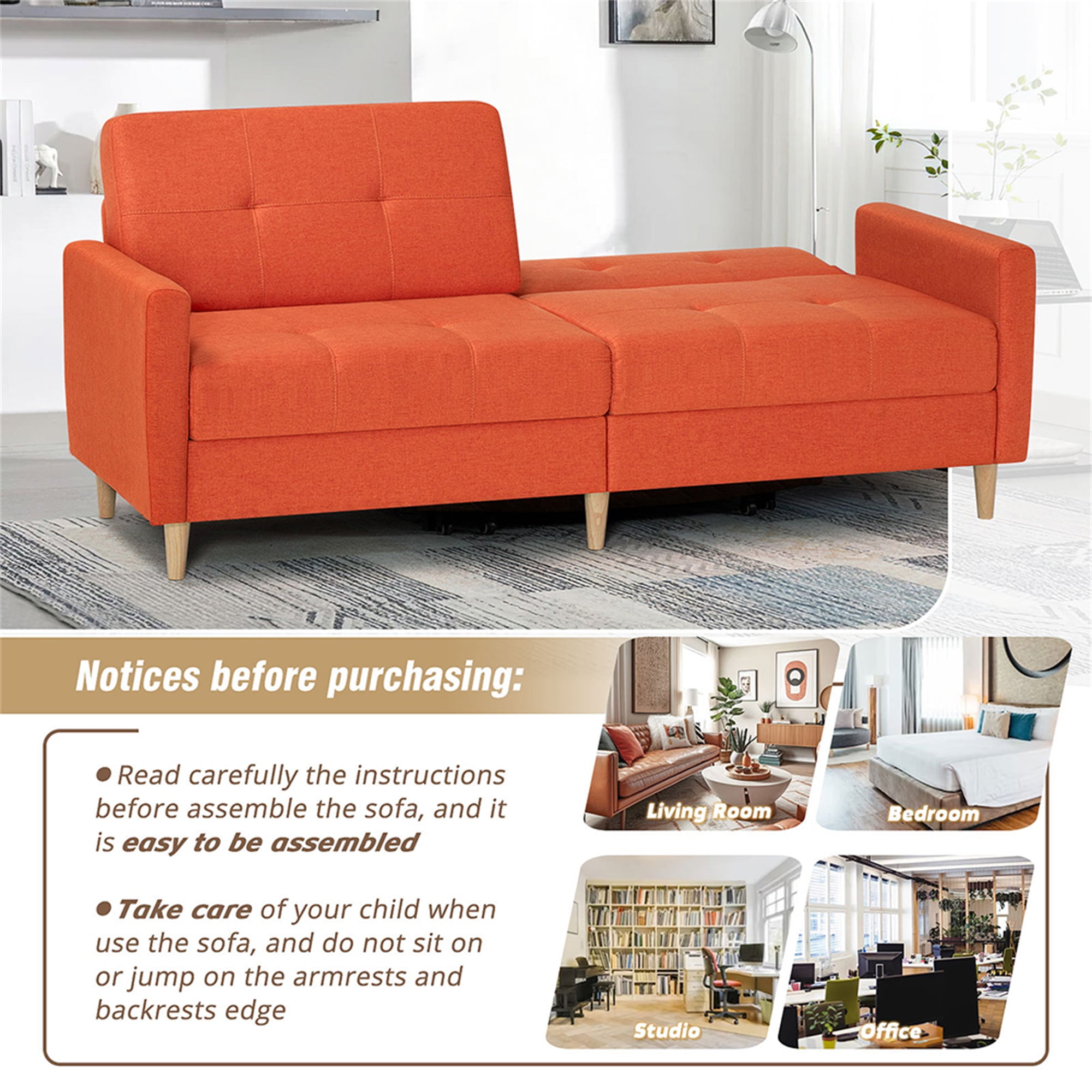 Kadyn Loveseat Sofa Bed, Mordern Convertible Sofa with Adjustable Backrest and Wooden Legs, 2-Seat Couch for Bedroom, Orange