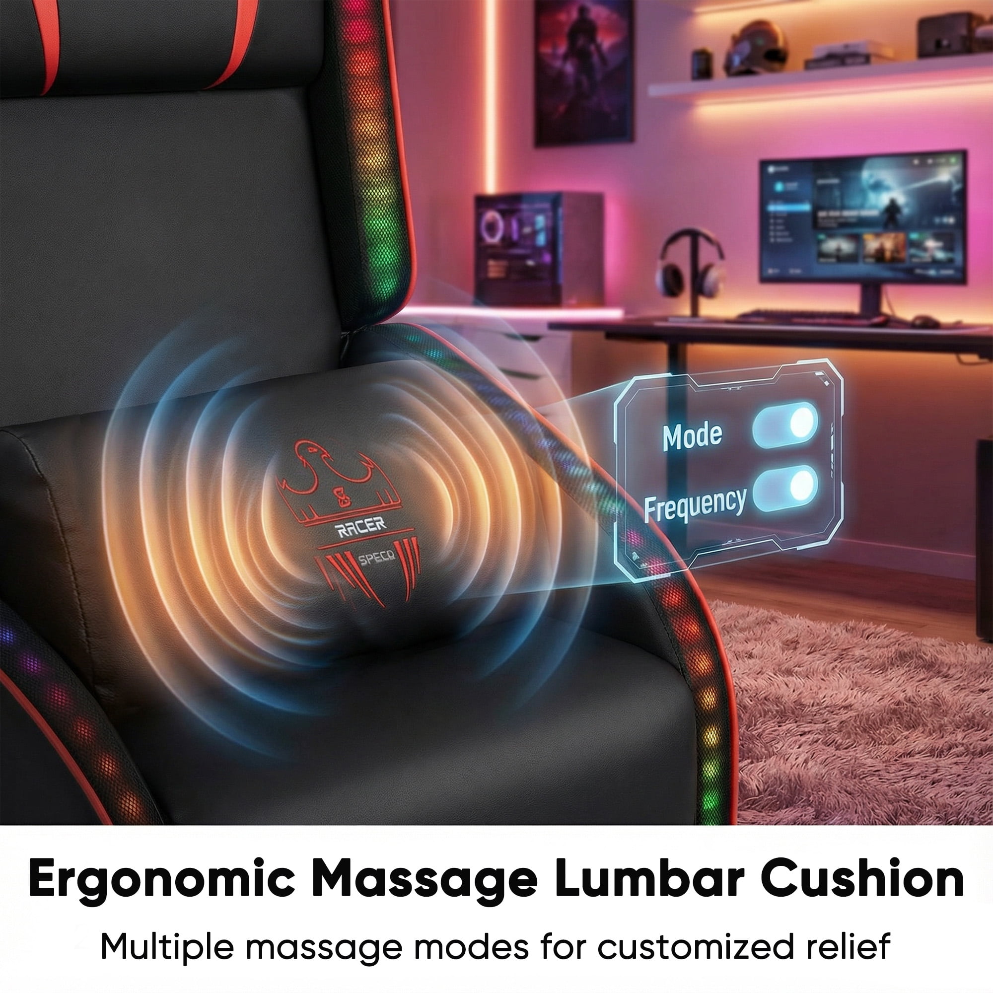 Homall RGB LED Lights Gaming Massage Recliner Chair Racing Style Single Living Room Sofa Ergonomic Home Theater Seating with Massage Lumbar Support, Red