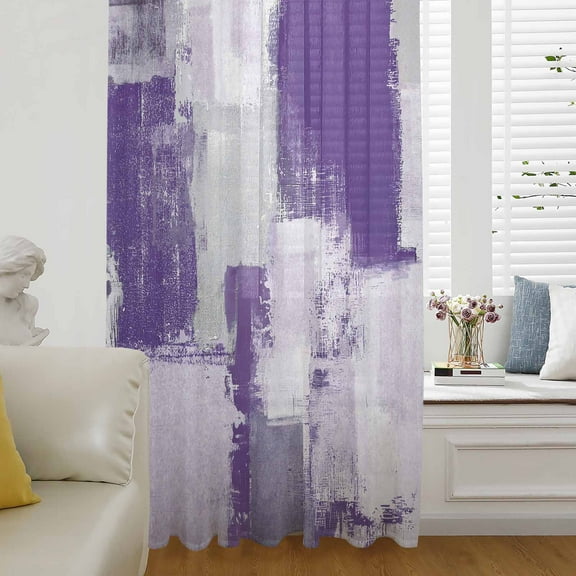 Modern Oil Painting Semi Sheer Curtains Drapes for Living Room, Bedroom, French Doors Window 45 Inches Long, Purple Grey Abstract Graffiti Art Rod Pocket Chiffon Curtain Drapery Voile Drape Panel