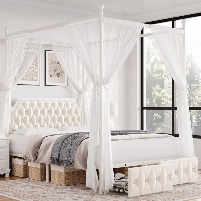 Homfa Full Size Upholstered Canopy Bed Frame for Bedroom, 2 Storage Drawers Platform Bed, Canopy Bed Curtain Not Included, Beige