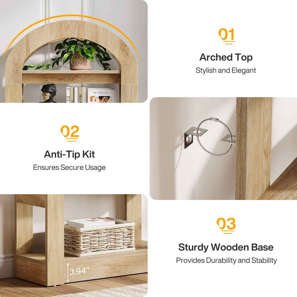MAYEERTY Modern Arched 5-Tier Tall Bookcase, Heavy Load Storage Display Shelf, Multi-Functional Room Divider for Home & Classroom