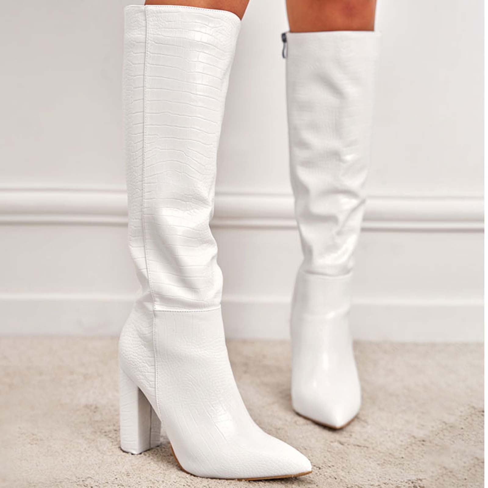 YDN Women Fashion Stacked Wedge Heel Knee High Boots Closed Pointed Toe Suede Winter High Heel Long Boots Trendy Pull On Dress Shoes With Zipper Size 4 Black | Knee-High-377608