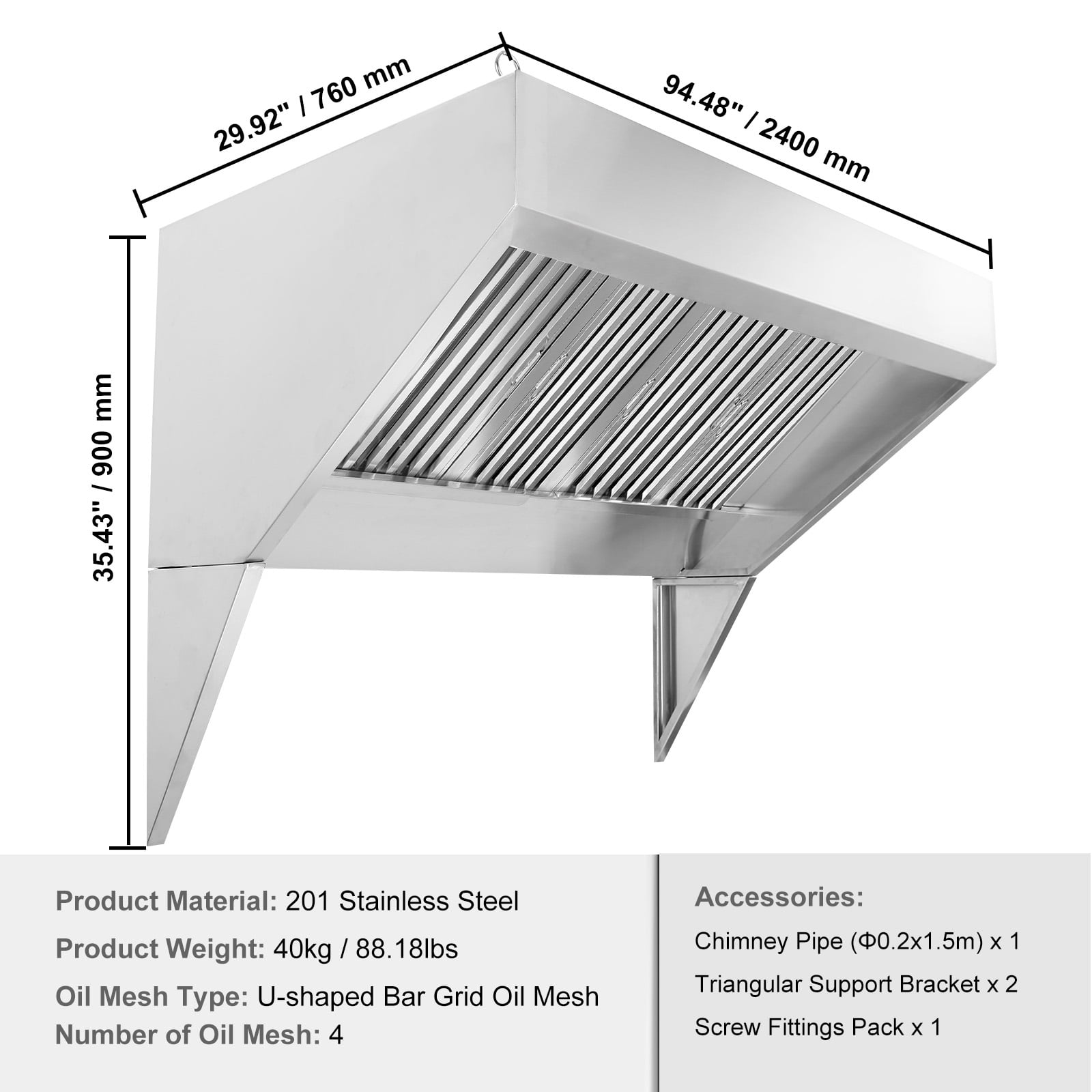 KFFKFF 8FT Range Hood, Stainless Steel Commercial Exhaust Hood, with Rust-Proof Construction and 4 Removable U-shaped Oil Filtration Meshes, Designed for Food Trucks and Concession Trailers