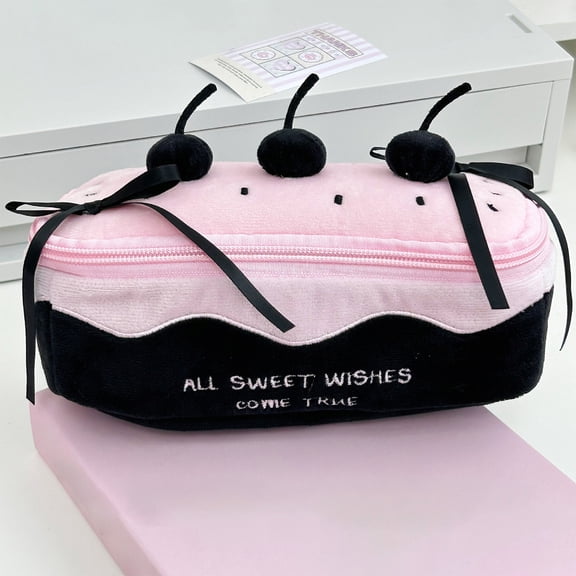 Gallickan Plush Cherry Cake Pencil Case, Cute with High Color, Large Capacity Storage for Supplies and Stationery, Black