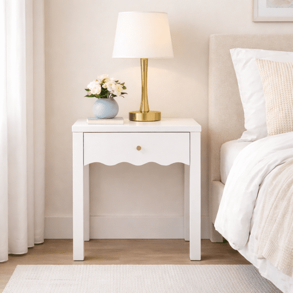 KAIFENG White Scalloped Edge Nightstand With Drawer And Open Storage Shelf For Bedroom