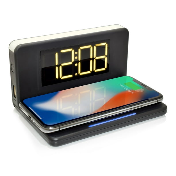 Westclox Compact Black Alarm Clock with Qi Wireless Charging a LED