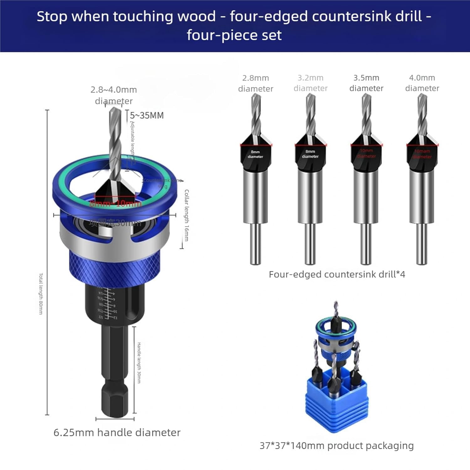 Countersink Drill Bits Set, 4PCS Four-Flute HSS M2 Tapered Drill Bits and Adjustable Depth Stop Collar, Wood Countersink Bit with Wrench for Wood, Plastic, Woodworking (Gold)