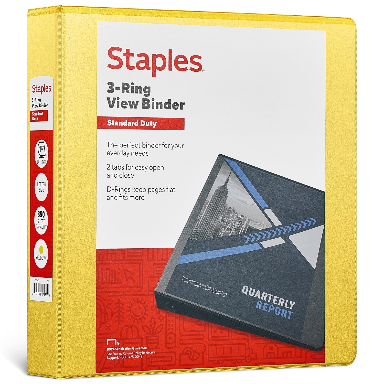 Staples Standard 1.5" 3-Ring D-Ring Binder, Yellow photo 1