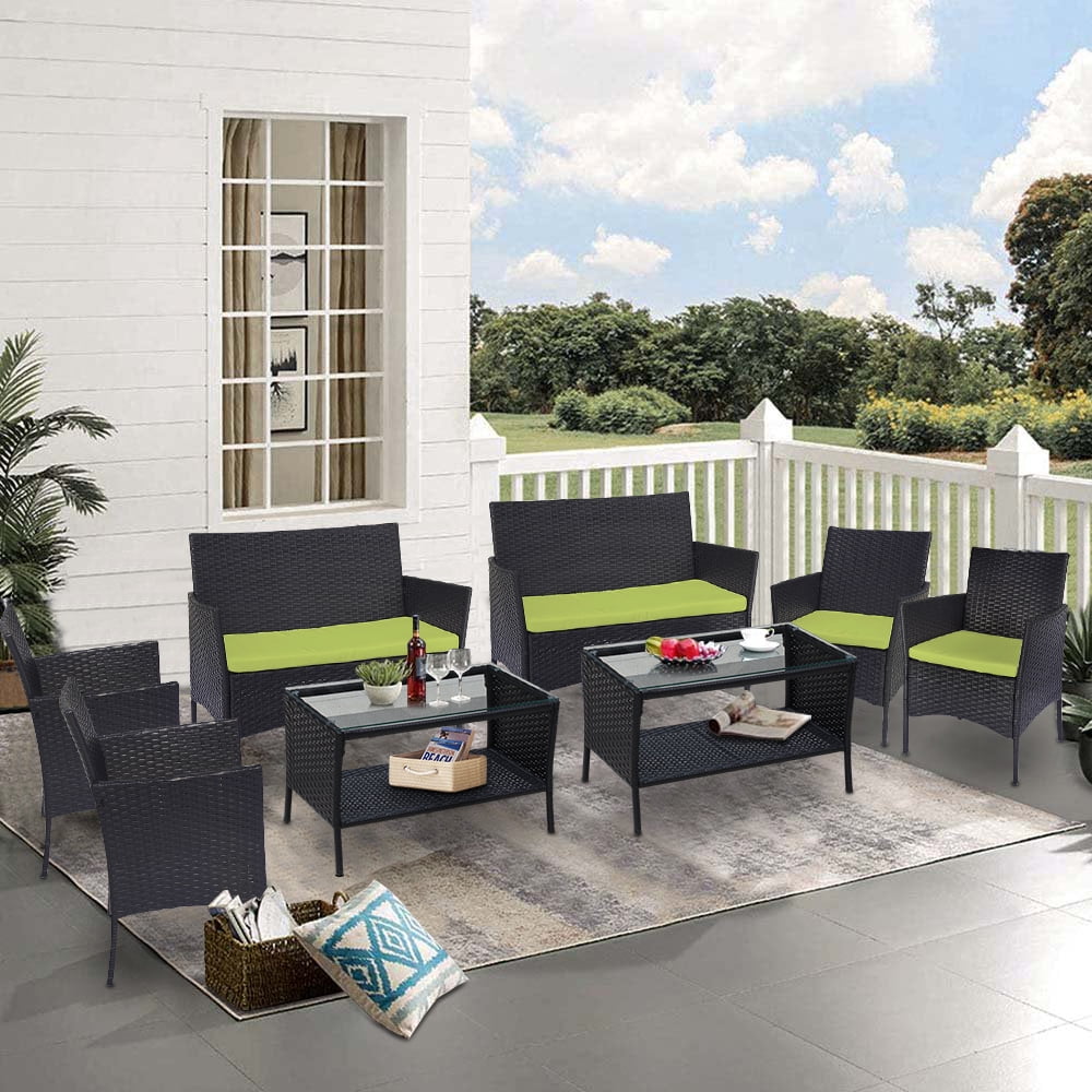 4 Pieces Outdoor Wicker Conversation Set, All-Weather Rattan Patio Furniture Sets with Arm Chairs, Tempered Glass Tabletop and Cushions, Sectional Sofa Set for Backyard, Garden, Poolside