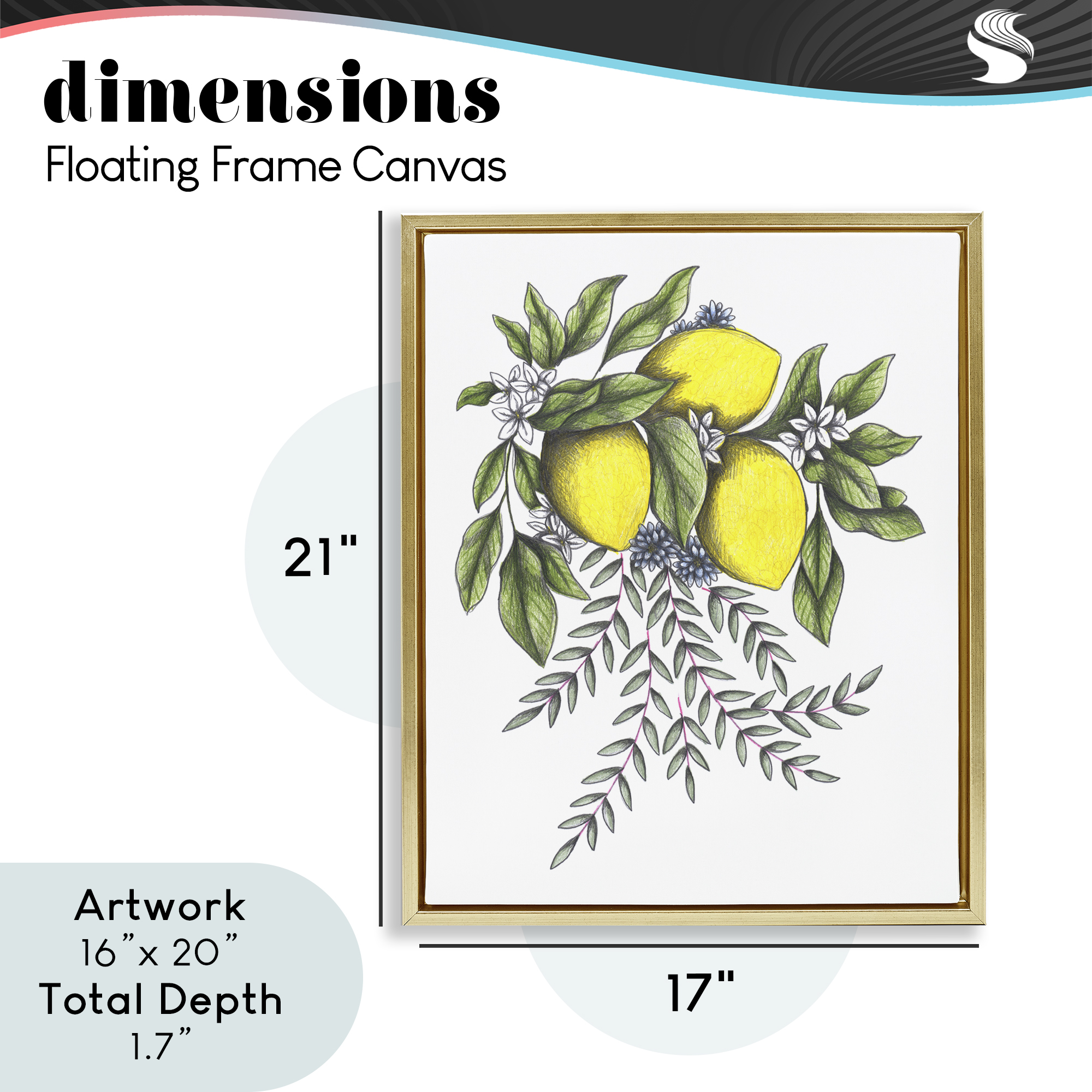 Lemons & Flowers Vintage Sketch Gold Framed Floater Canvas Wall Art, design by Cecilia Battaini