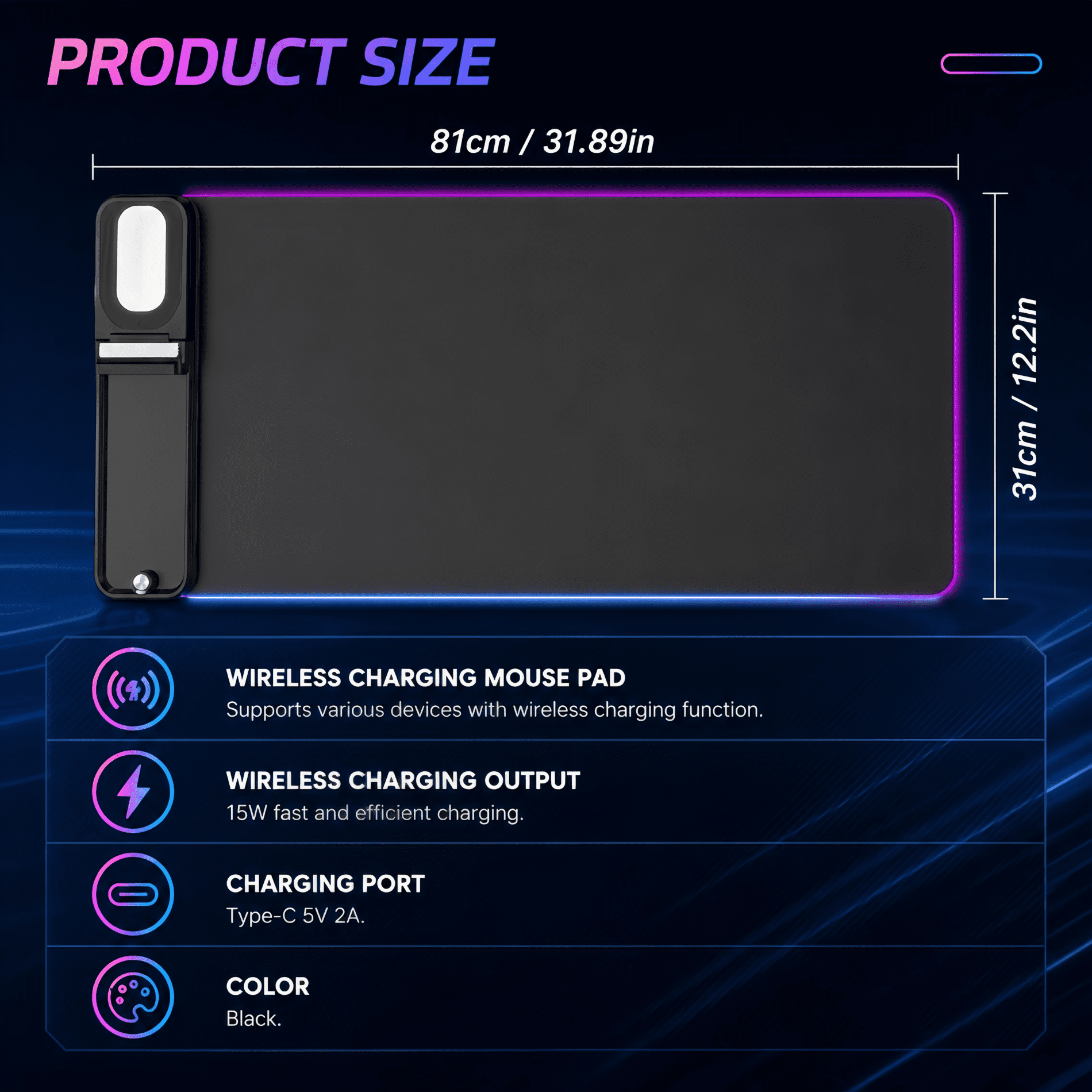 RGB Gaming Mouse Pad with Wireless Charging 15W,Large Laptop Led Mouse Pad,6 Light Modes Keyboard Pad with Phone Holder & Non-Slip Rubber Base,Waterproof Mousepad for Gaming Home Office