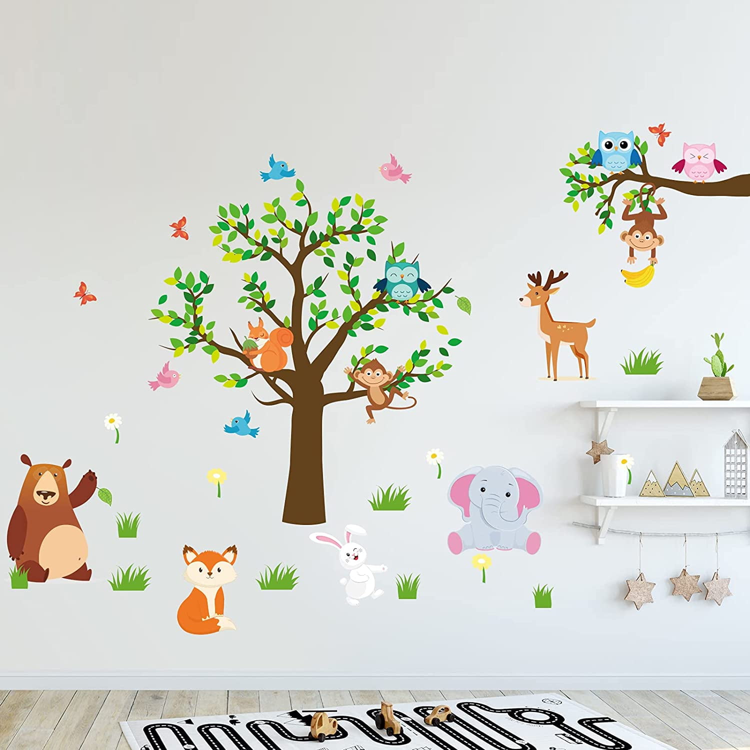 9 Pcs Animal Tree Wall Stickers Monkey Raccoon Elephant Deer Kids