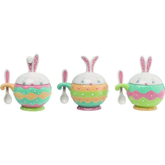 Transpac Dolomite Easter Dottie Bowl with Spoon & Lid, Set of 3 – Festive Spring-Themed Serveware for Snacks, Dips, and More