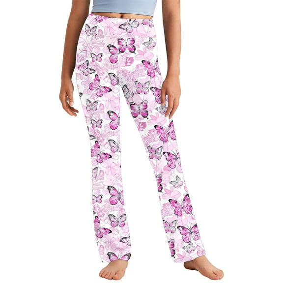 Odeerbi 2-13 Years Kids Girls Wide Leg Yoga Pants Butterfly Print Workout Dance Athletic Sports Pants Cute Elasticity High Waist Straight Leg Pants