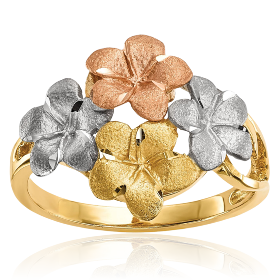 14K Solid Two Tone Gold White 4 Hawaiian Plumeria Flower Ring