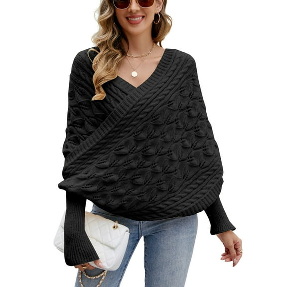 SWSMCLT Women's Billowy Pullover Sweater Casual Elegant Date Deep V Neck Convertible Batwing Sleeve Knit Knitwear Black Small-X-Large