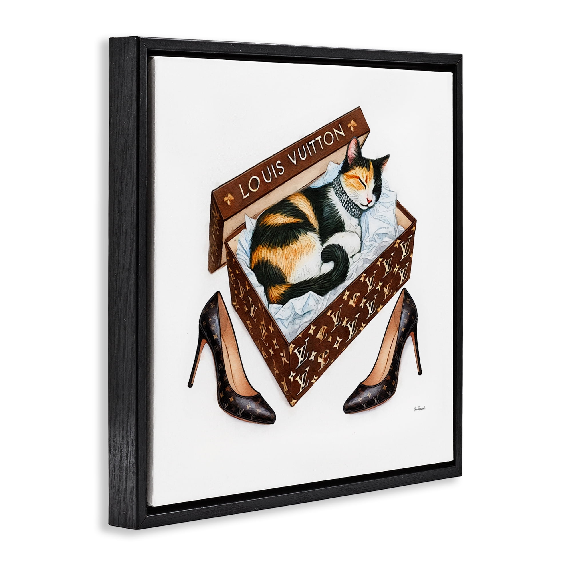 Stupell Industries Kitty Sleeping in Shoebox Animals Painting Black Floater Framed Canvas Art Print Wall Art, 25 x 25
