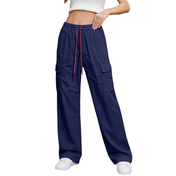 cocolona Women's Summer Casual High Waist Cargo Pants Solid Color Drawstring Elastic Waist Trousers with Pocket