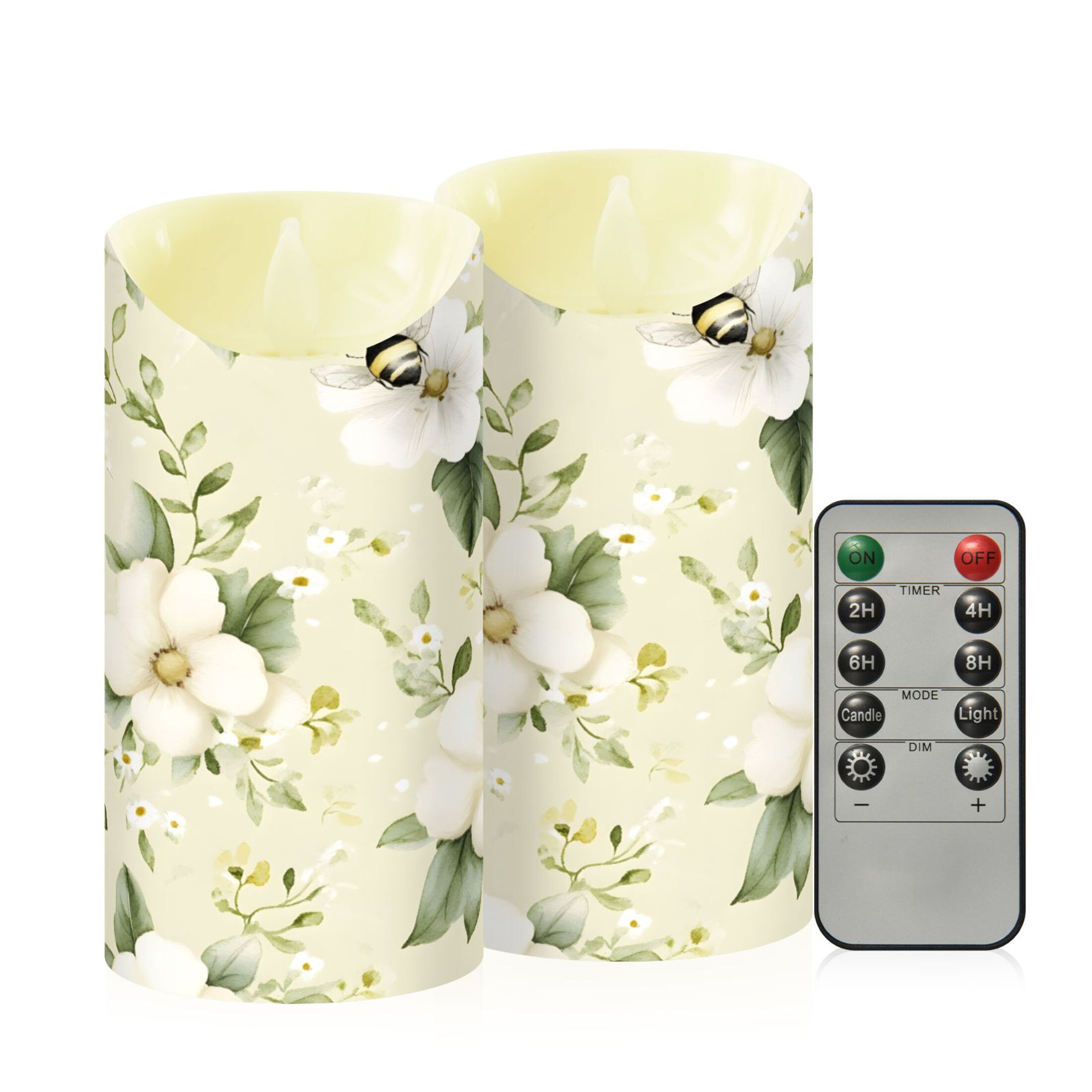 Flowers and Bees Flameless Candles 2 PCS with Remote Realistic Moving Flame LED Tapered Pillar Set for Home Decor