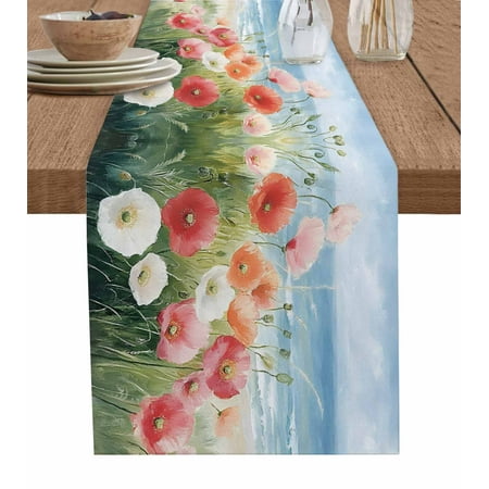 

Table Runner Dresser Scarf 13 x 70 Inch Spring Floral Watercolor Landscape Poppy Grass Seaside Sky Table Runners Non-Slip Heat Kitchen Dining Table Decor for Indoor Outdoor Home Party Decoration