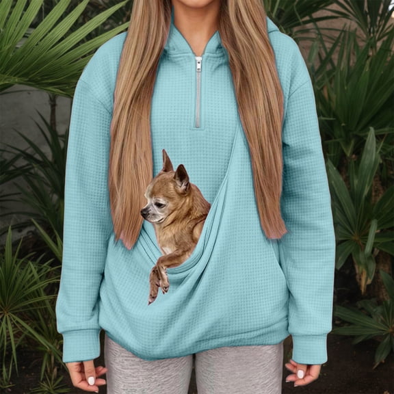 CAIVO Women Men Quarter Zip Knit Hoodie With Pets Pouch Oversized Long Sleeve Pocket Pullover Sweatshirt For Small Cat Lovers Cat Dog Carrier Winter Tops For Adults